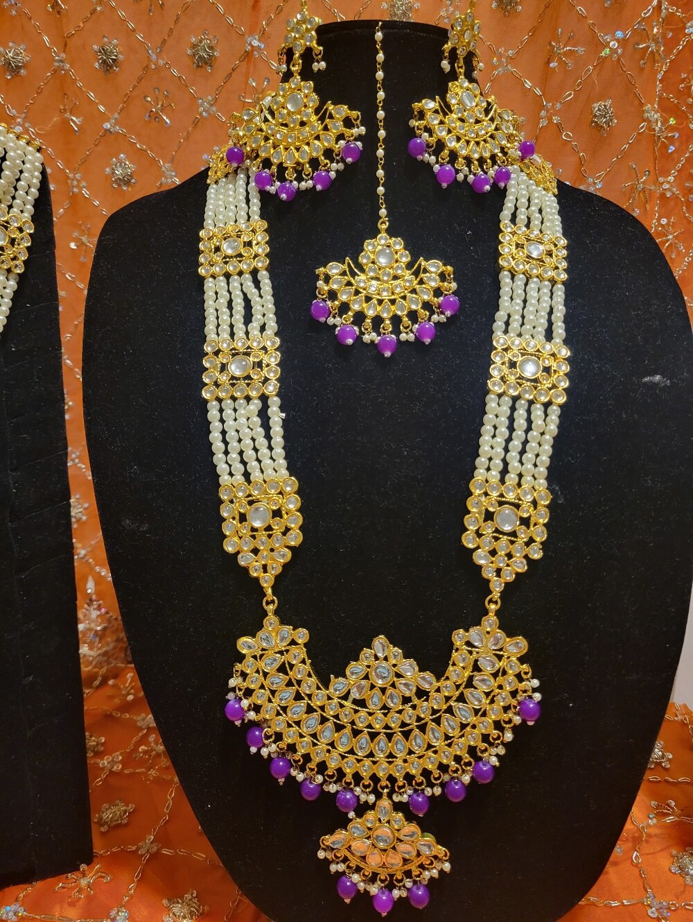 Gold and Purple Pearl Bridal Necklace Set - Women Jewelry